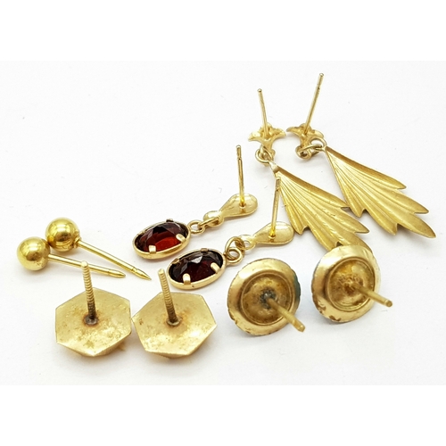 506 - Five Different Style 9K Yellow Gold Earrings. No backs. 3.2g total weight.