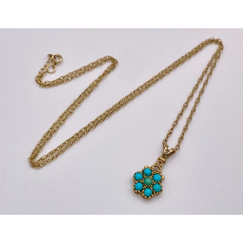 526 - A 9K Yellow Gold Turquoise Pendant on a 9K Yellow Gold Disappearing Necklace. 2cm and 44cm. 1.75g to... 