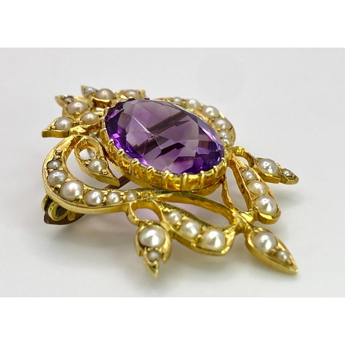 668 - A 15K Yellow Gold Amethyst and Seed Pearl Brooch/Pendant. 1.8cm amethyst, 3.5cm length. 6.6g total w... 