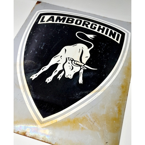 86 - A Rare 1970s Lamborghini Oblong, Convex Enamel Sign - with the Raging Bull in White on Black Shield ... 