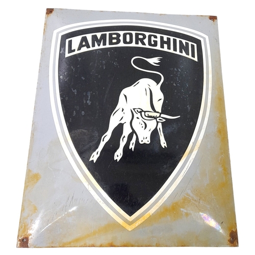 86 - A Rare 1970s Lamborghini Oblong, Convex Enamel Sign - with the Raging Bull in White on Black Shield ... 