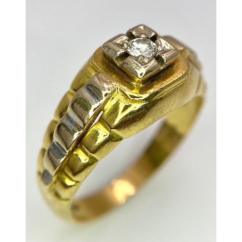 102 - AN 18K TWO COLOUR ROLEX STYLE DIAMOND RING. 6.8G. SIZE P.