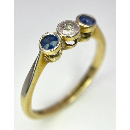 127 - AN 18K YELLOW GOLD DIAMOND & SAPPHIRE 3 STONE RING. Size N, 2.6g total weight. Ref: SC 8059