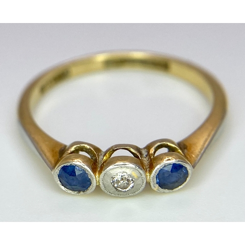 127 - AN 18K YELLOW GOLD DIAMOND & SAPPHIRE 3 STONE RING. Size N, 2.6g total weight. Ref: SC 8059