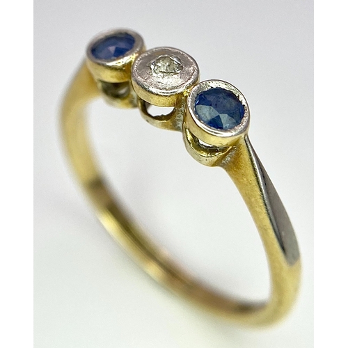 127 - AN 18K YELLOW GOLD DIAMOND & SAPPHIRE 3 STONE RING. Size N, 2.6g total weight. Ref: SC 8059