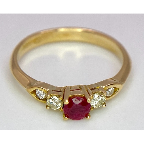 135 - AN 18K YELLOW GOLD DIAMOND & RUBY RING. 0.20ctw, size O, 2.8g total weight. Ref: SC 8074