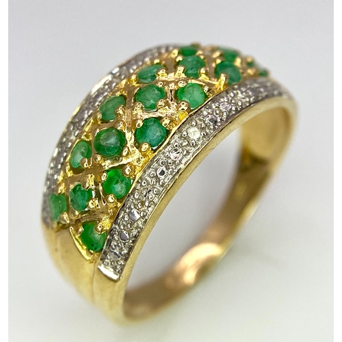 141 - A 14K YELLOW GOLD DIAMOND & EMERALD RING. Size P, 3.8g total weight. Ref: SC 8048