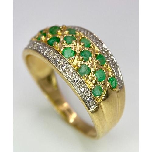 141 - A 14K YELLOW GOLD DIAMOND & EMERALD RING. Size P, 3.8g total weight. Ref: SC 8048