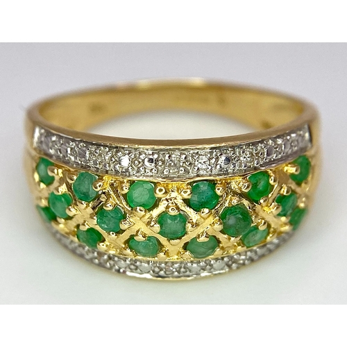 141 - A 14K YELLOW GOLD DIAMOND & EMERALD RING. Size P, 3.8g total weight. Ref: SC 8048