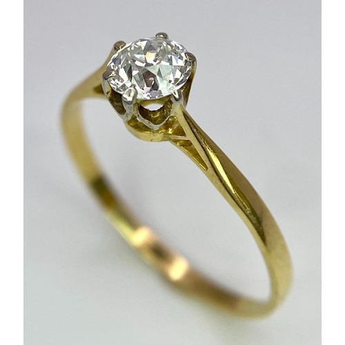 158 - AN 18K YELLOW GOLD, OLD CUT DIAMOND SOLITAIRE RING. 0.40CT. 1.5G. SIZE P 1/2.