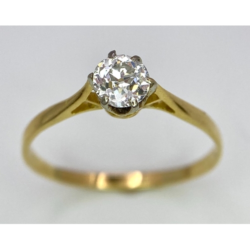 158 - AN 18K YELLOW GOLD, OLD CUT DIAMOND SOLITAIRE RING. 0.40CT. 1.5G. SIZE P 1/2.