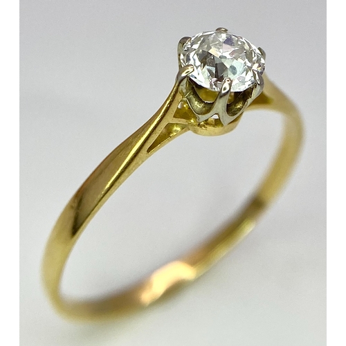 158 - AN 18K YELLOW GOLD, OLD CUT DIAMOND SOLITAIRE RING. 0.40CT. 1.5G. SIZE P 1/2.