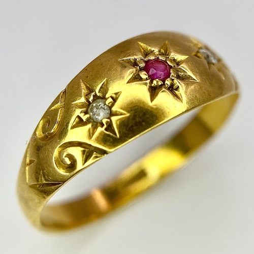 200 - AN 18K YELLOW GOLD DIAMOND & RUBY VINTAGE RING. Size M, 2.5g total weight. Ref: SC 8061