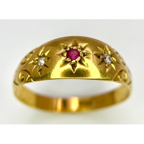 200 - AN 18K YELLOW GOLD DIAMOND & RUBY VINTAGE RING. Size M, 2.5g total weight. Ref: SC 8061