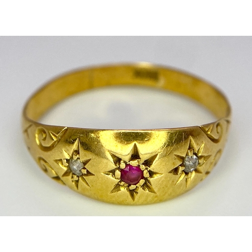 200 - AN 18K YELLOW GOLD DIAMOND & RUBY VINTAGE RING. Size M, 2.5g total weight. Ref: SC 8061