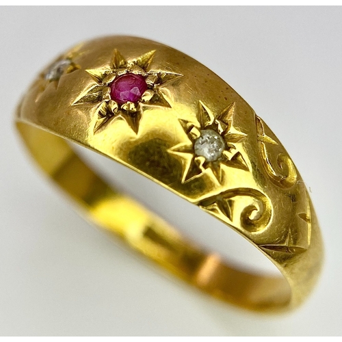 200 - AN 18K YELLOW GOLD DIAMOND & RUBY VINTAGE RING. Size M, 2.5g total weight. Ref: SC 8061