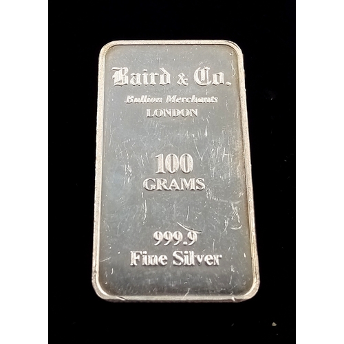 214 - A FINE SILVER 999.9 BAIRD & CO BULLION MERCHANTS LONDON BAR. 5.7cm length, 100g weight. Ref: SC 8081