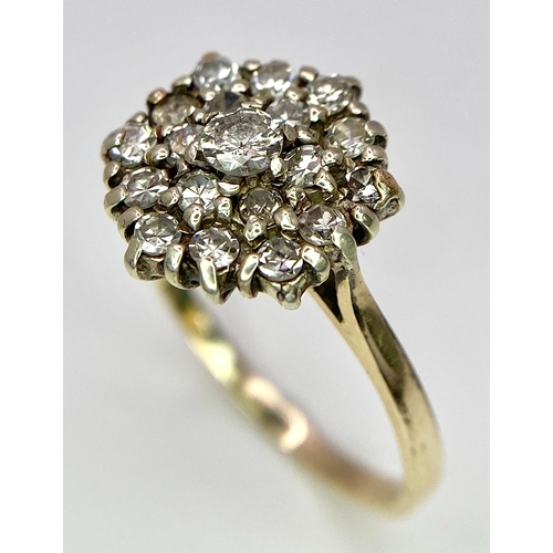 285 - A 9K YELLOW GOLD DIAMOND CLUSTER RING. 0.50CT. 2.4G. SIZE M.