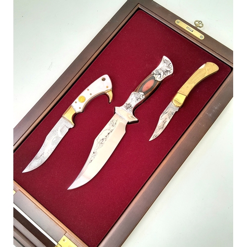 347 - An Excellent Condition, Locking Cased Set of Three Limited Edition Franklin Mint Sporting Theme Kniv... 