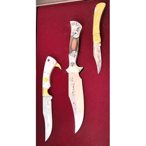 347 - An Excellent Condition, Locking Cased Set of Three Limited Edition Franklin Mint Sporting Theme Kniv... 