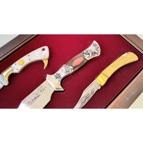 347 - An Excellent Condition, Locking Cased Set of Three Limited Edition Franklin Mint Sporting Theme Kniv... 