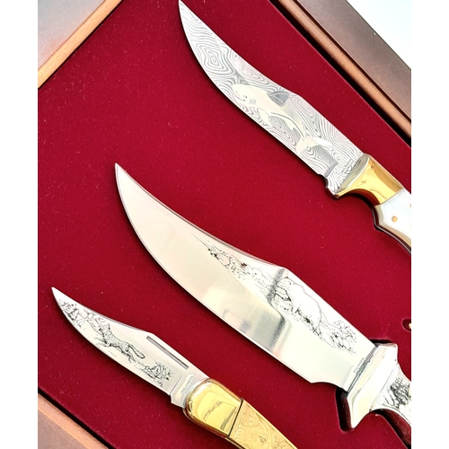 347 - An Excellent Condition, Locking Cased Set of Three Limited Edition Franklin Mint Sporting Theme Kniv... 