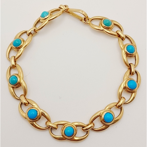 36 - A 18K (TESTED AS) YELLOW GOLD BRACELET SET WITH 9 TURQUOISE STONES, 18CM LENGTH, 15.7G.

ref: BM01