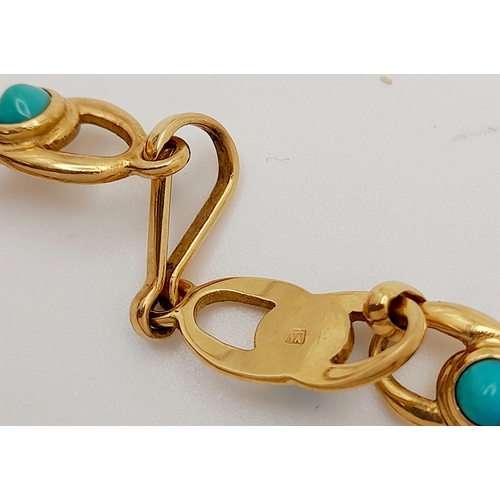 36 - A 18K (TESTED AS) YELLOW GOLD BRACELET SET WITH 9 TURQUOISE STONES, 18CM LENGTH, 15.7G.

ref: BM01