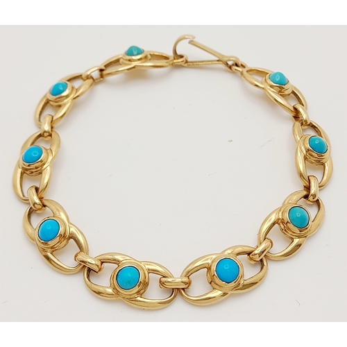 36 - A 18K (TESTED AS) YELLOW GOLD BRACELET SET WITH 9 TURQUOISE STONES, 18CM LENGTH, 15.7G.

ref: BM01