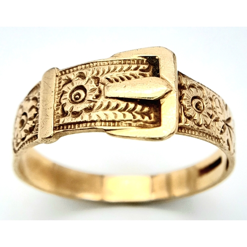 422 - A 9 K yellow gold ornate ring with belt and Buckle design, size: Y, weight: 4 g.