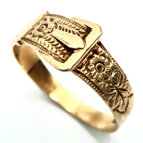 422 - A 9 K yellow gold ornate ring with belt and Buckle design, size: Y, weight: 4 g.