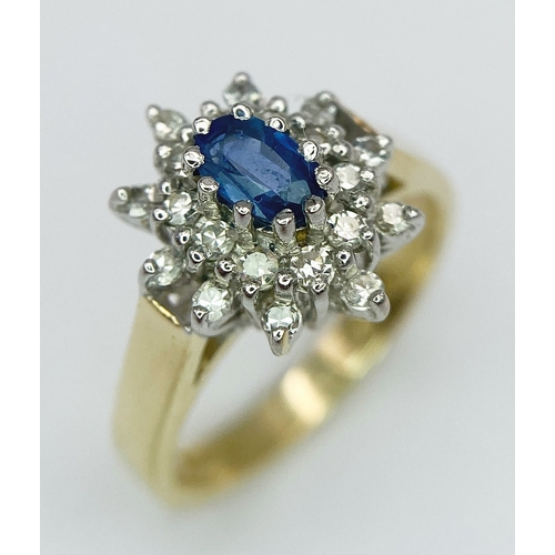 495 - A 9K YELLOW GOLD DIAMOND & SAPPHIRE CLUSTER RING. Size J, 2.8g total weight. Ref: SC 8030