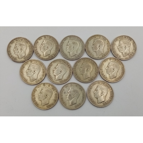 529 - A Parcel of Twelve Pre-1947 Silver Two Shilling (Florin) Coins. Dates: 1 x 1939, 2 x 1940, 2 x 1941,... 