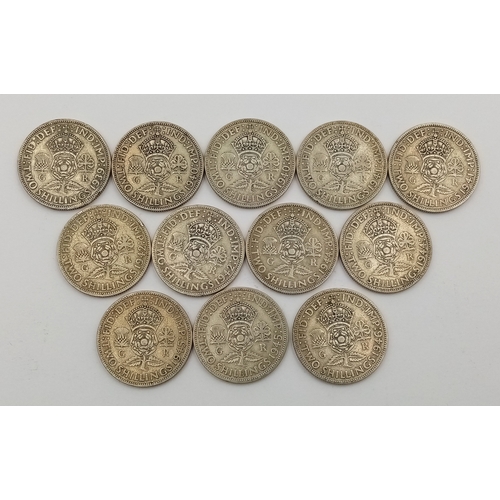 529 - A Parcel of Twelve Pre-1947 Silver Two Shilling (Florin) Coins. Dates: 1 x 1939, 2 x 1940, 2 x 1941,... 