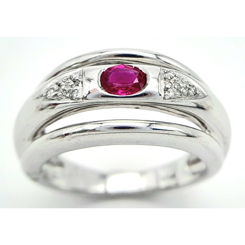 114 - AN 18K WHITE GOLD DIAMOND & RUBY RING. Size N, 6.6g total weight. Ref: SC 8068