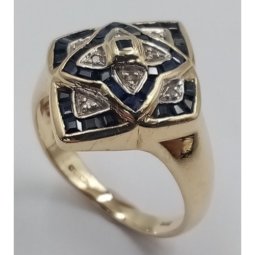 354 - An Exquisite and Unique, Vintage, 9K Yellow Gold Diamond and Sapphire, Art Deco Design Cluster Ring.... 