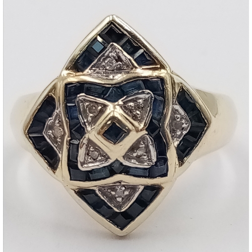 354 - An Exquisite and Unique, Vintage, 9K Yellow Gold Diamond and Sapphire, Art Deco Design Cluster Ring.... 