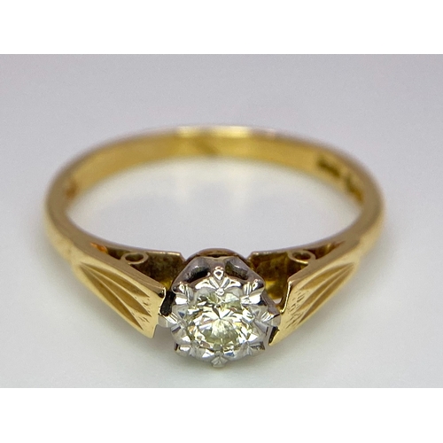 362 - A VINTAGE 18K YELLOW GOLD DIAMOND SOLITAIRE RING. 0.15CT. 2.6G. SIZE L 1/2.