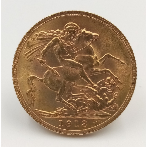 367 - A 22 K yellow gold,  King George V, 1913, full weight: (8 g), in good condition but please see photo... 