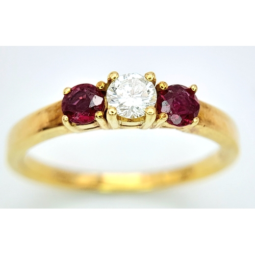 107 - AN 18K YELLOW GOLD DIAMOND & RUBY 3 STONE RING. 0.18ctw, Size N, 2.9g total weight. Ref: SC 8064