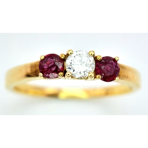 107 - AN 18K YELLOW GOLD DIAMOND & RUBY 3 STONE RING. 0.18ctw, Size N, 2.9g total weight. Ref: SC 8064