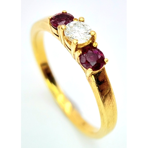 107 - AN 18K YELLOW GOLD DIAMOND & RUBY 3 STONE RING. 0.18ctw, Size N, 2.9g total weight. Ref: SC 8064