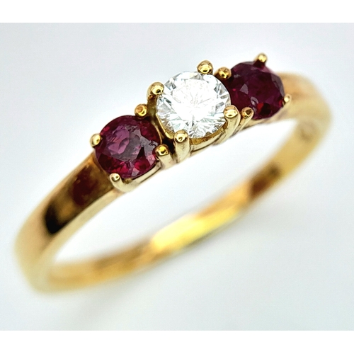 107 - AN 18K YELLOW GOLD DIAMOND & RUBY 3 STONE RING. 0.18ctw, Size N, 2.9g total weight. Ref: SC 8064