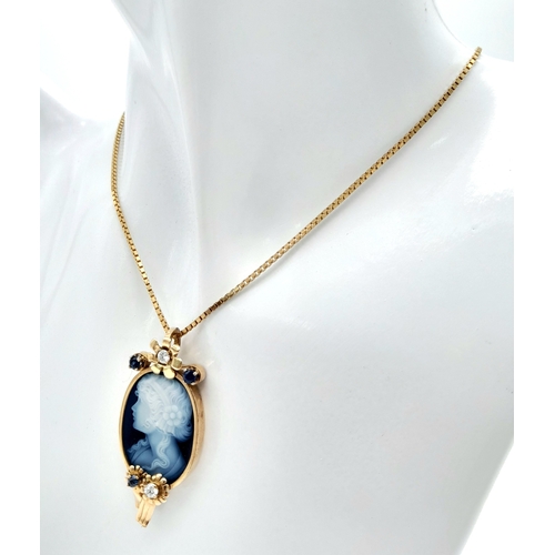 255 - A Beautiful 9K Gold, Cameo Pendant with Sapphire and Diamond decoration on a 9K link chain. Pendant ... 