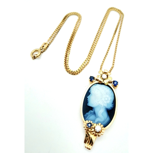 255 - A Beautiful 9K Gold, Cameo Pendant with Sapphire and Diamond decoration on a 9K link chain. Pendant ... 