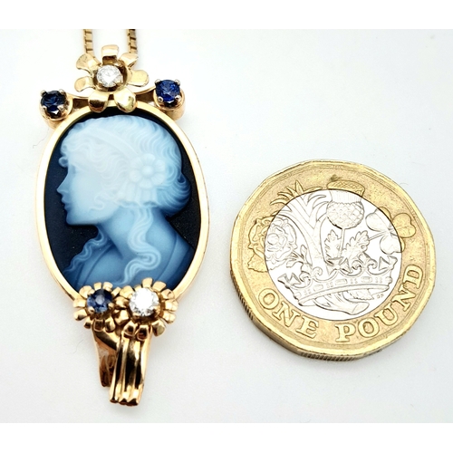 255 - A Beautiful 9K Gold, Cameo Pendant with Sapphire and Diamond decoration on a 9K link chain. Pendant ... 