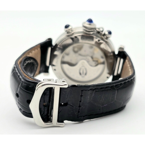 323 - An Automatic Cartier Pasha 2113 Chronograph Gents Watch.
Black leather Cartier strap. Stainless stee... 