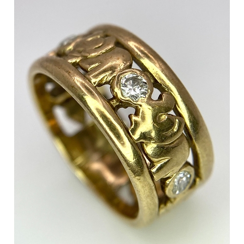 327 - A 9K YELLOW GOLD (TESTS AS) DIAMOND SET ELEPHANT BAND RING. 0.20CT. 4.1G. SIZE J 1/2.