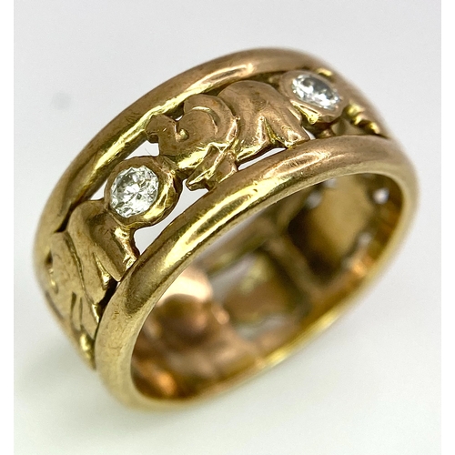 327 - A 9K YELLOW GOLD (TESTS AS) DIAMOND SET ELEPHANT BAND RING. 0.20CT. 4.1G. SIZE J 1/2.