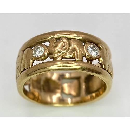 327 - A 9K YELLOW GOLD (TESTS AS) DIAMOND SET ELEPHANT BAND RING. 0.20CT. 4.1G. SIZE J 1/2.